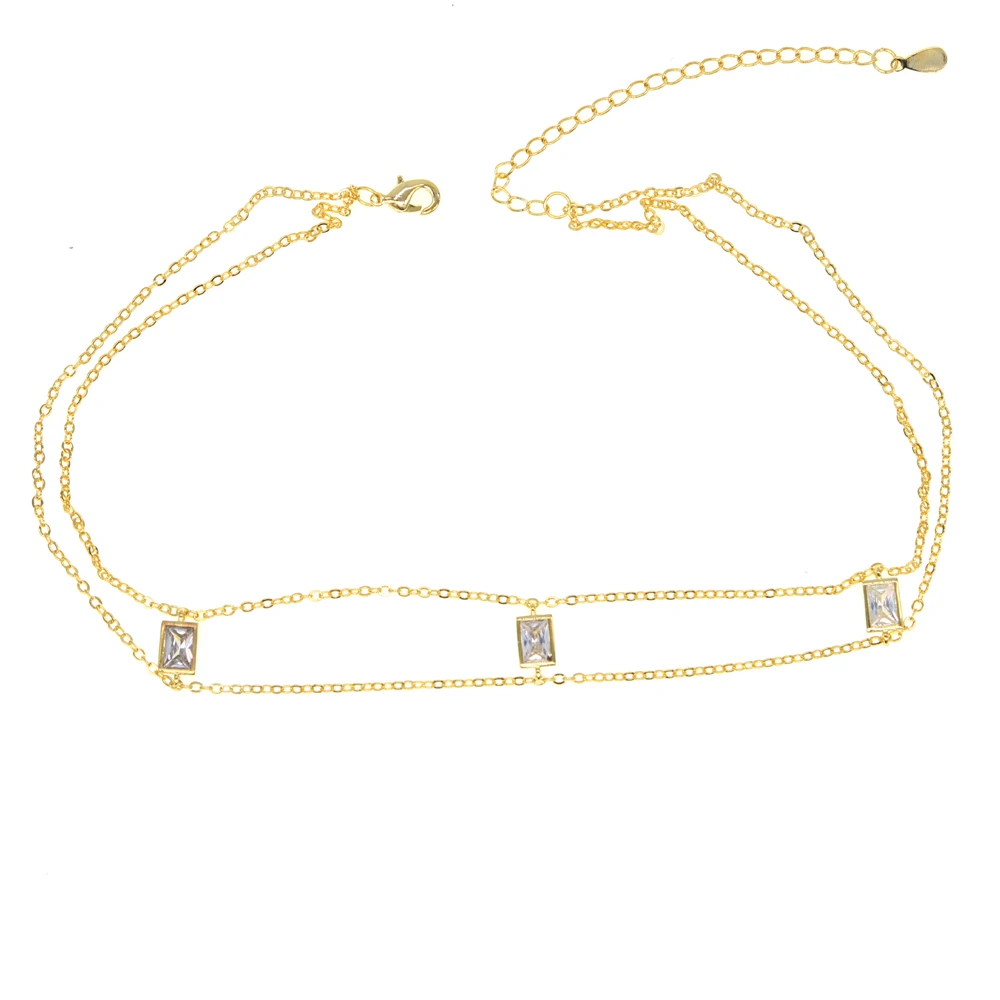 

2021 new arrive AAA clear baguette cubic zirconia short chain 33+7cm choker chocker cz double chain necklace