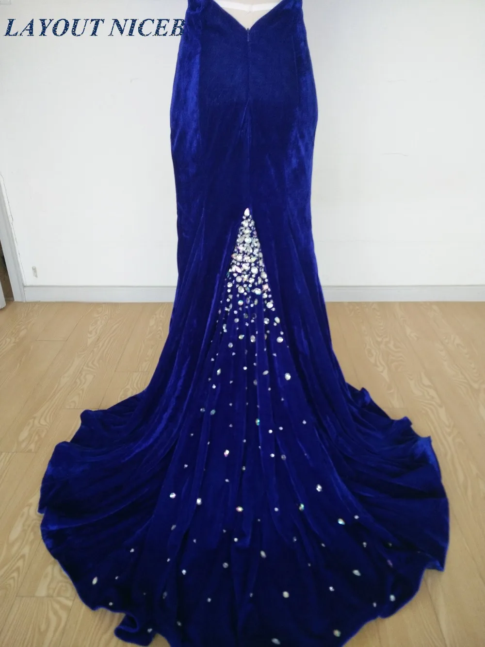 

Real Image New Arrival Crystals 2016 Mermaid Evening Dress Royal Blue Velvet Long Formal Gowns robe de soiree