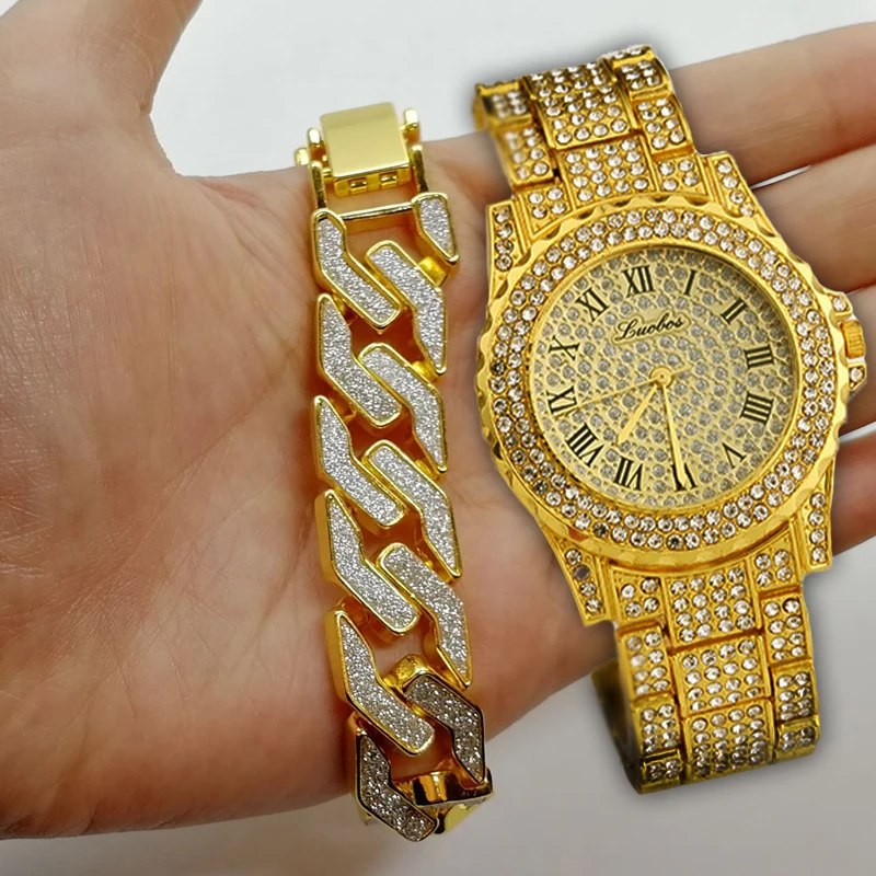 2 компл. Для мужчин хип хоп Iced Out Lab CZ Кристалл Bling часы блеск геометрический браслет ювелирные изделия подарок
