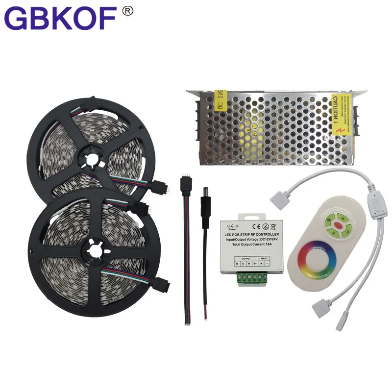 Дешевая 10 м 15 м 20 м Светодиодная лента 5050 RGB 5 м/лот 60 Светодиодный s/M не водонепроницаемый светодиодный гибкий светильник+ RF сенсорный RGB контроллер+ комплект адаптера DC12V