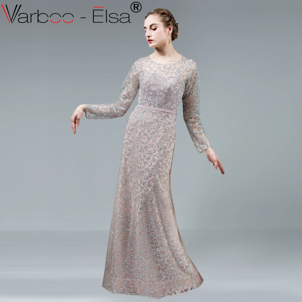 VARBOO_ELSA/серебряное блестящее вечернее платье с длинными рукавами Новинка 2018 года