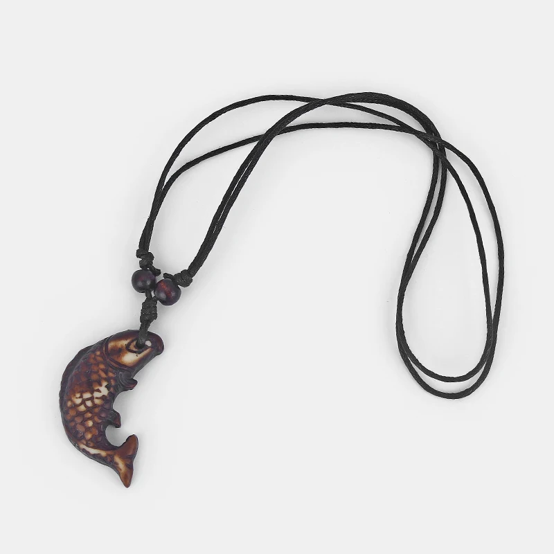 12pcs Brown Fuax Yark Bone Fish Shaped Pendant Neckalce Surfer Fashion Black Wax Cotton Cord Resin Necklace|Ожерелья с подвеской| |
