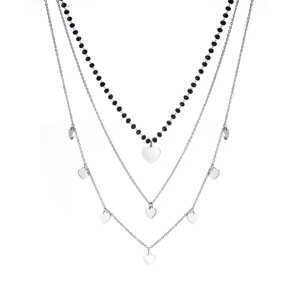 Stainless Steel Layered Necklaces for Women Black Crystal Beads with Heart Pendant Chokers Jewelry 2019 Trendy Female Party Gift | Украшения