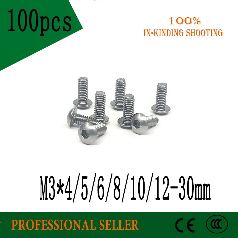 

100pcs 304 Stainless Steel SUS304 Round Head Mushroom Hexagon hex Socket Button Head Screw Bolt M3*3/4/5/6/7/8/9-30mm