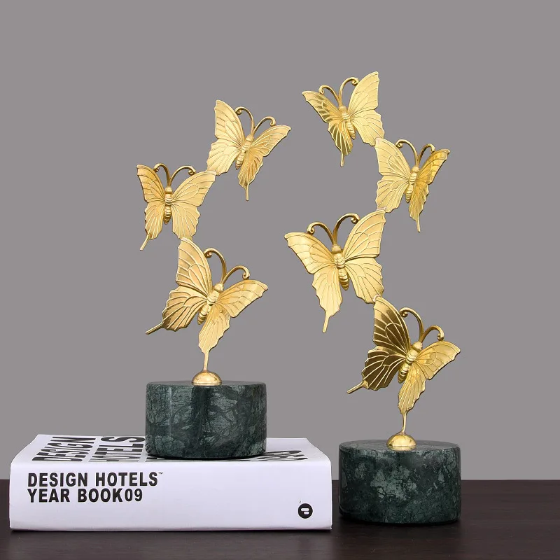 

Modern Home Statues Sculpture Decoration Accessories Stacked Copper Butterflies Ornaments Decoration With Marble Base Home Gift