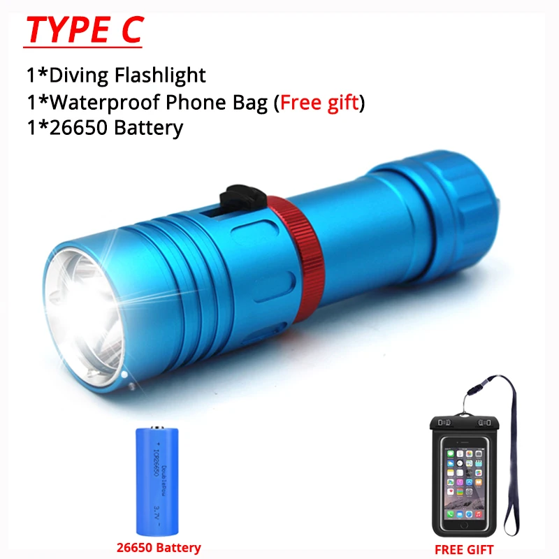 Pocketman XM-L2 фонарик для дайвинга светодиодный фонарик для подводного плавания 200 м светодиодный мощный фонарь для дайвинга 18650 или 26650 - Испускаемый цвет: C