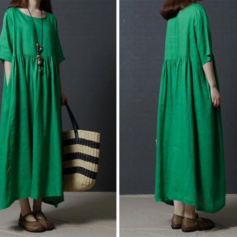 Женское длинное платье из хлопка и льна однотонное с коротким рукавом лето 2020 |