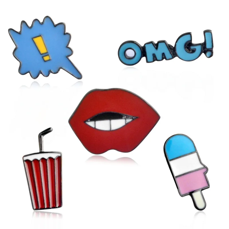 Брошь на воротник Мужская с эмалью в виде красных губ мороженого напитков