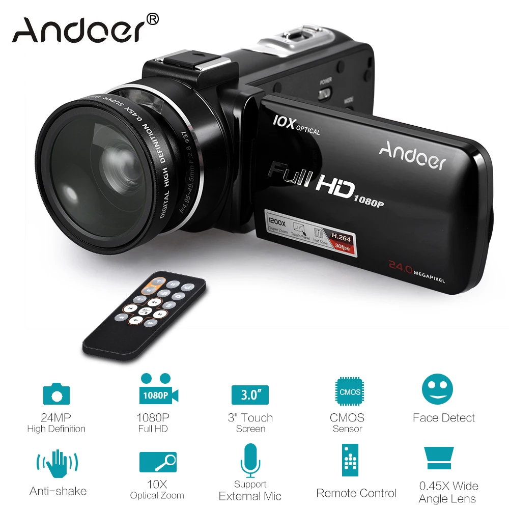 Цифровая видеокамера Andoer с широкоугольным объективом 0 45x 1080P Full HD 24 МП ЖК экран 3