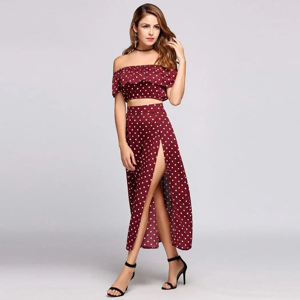 Shoulder the Off Polka Dot Ruffle Bandeau and Split Skirt Set | Женские костюмы