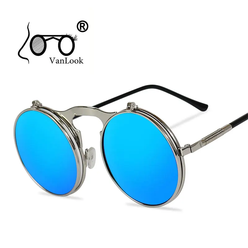 Стимпанк очки ретро круглые солнцезащитные фестиваль зеркальные линзы