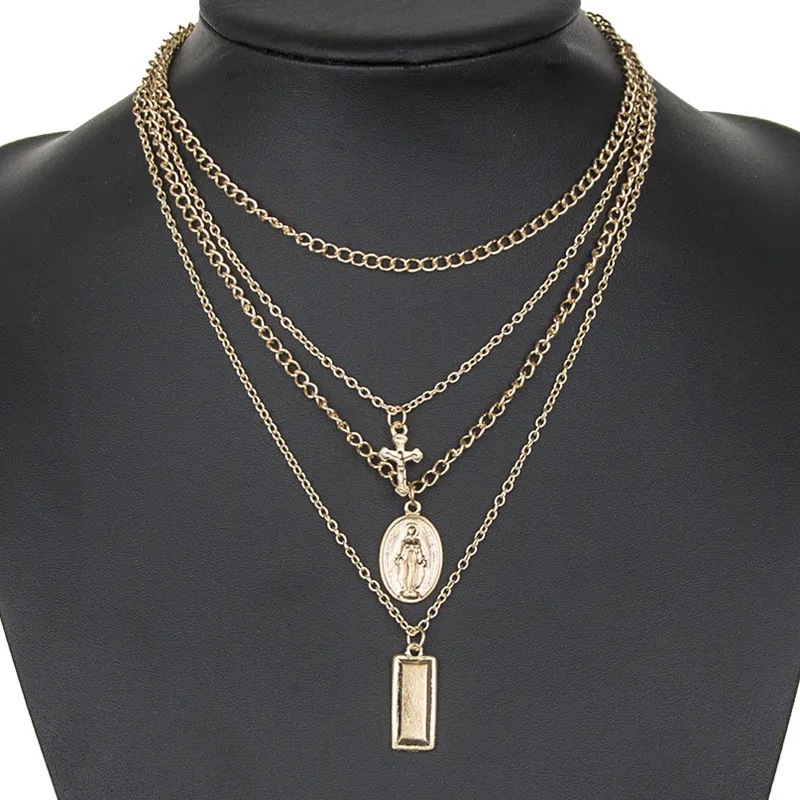 Новое многослойное ожерелье золотой цвет богемы Cross Иисус Дева Мария цепочка с