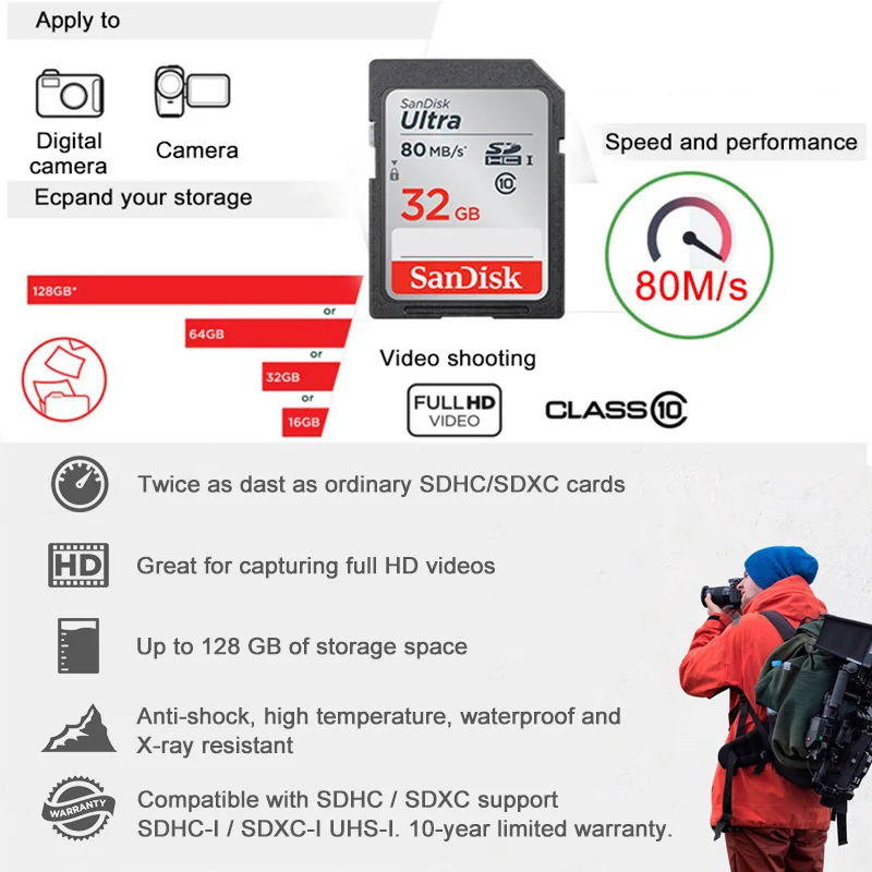 Карта памяти SanDisk Ultra 32 ГБ 16 64 класс 10 SDHC SDXC SD-карта 128 80 МБ/с./с для камеры