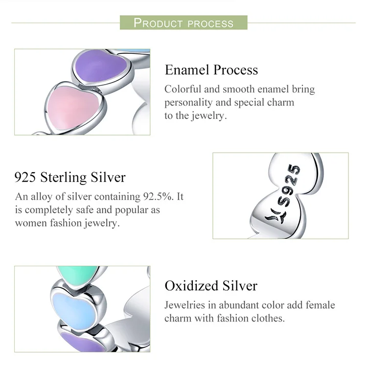 WOSTU Hot Sale 925 Sterling Silver Multi-Color Rainbow Heart Finger Rings For Women Fashion Anniversary Ring Jewelry Gift CQR444