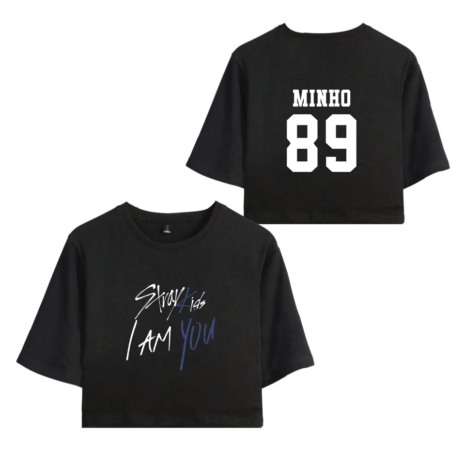 KELUOXIN Kpop StrayKids футболка с коротким рукавом I am YOU Album Crop Tops Женская Хип-хоп сексуальная открытая детская футболка с пупком - Цвет: Black MINHO 89