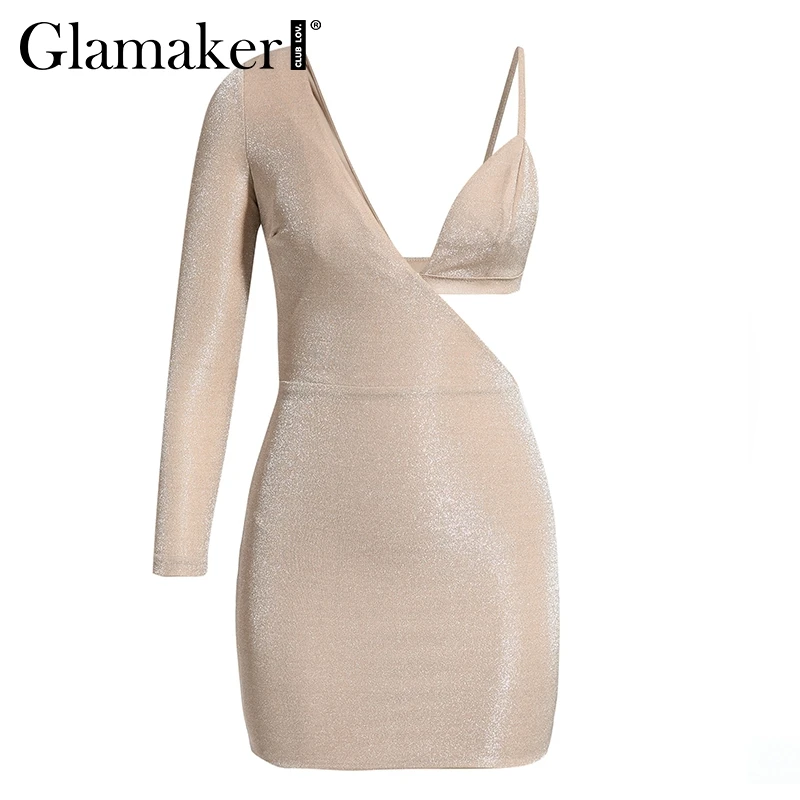 Женское платье с люрексом Glamaker облегающее на одно плечо треугольным вырезом