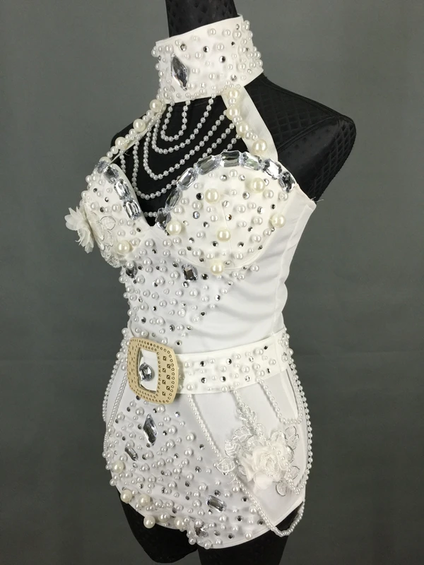 Beading Halter Bodysuit Red White Pearls Crystals Jumpsuit Women Sexy Backless Costume Nightclub Bar DJ Singer Show Stage Outfit