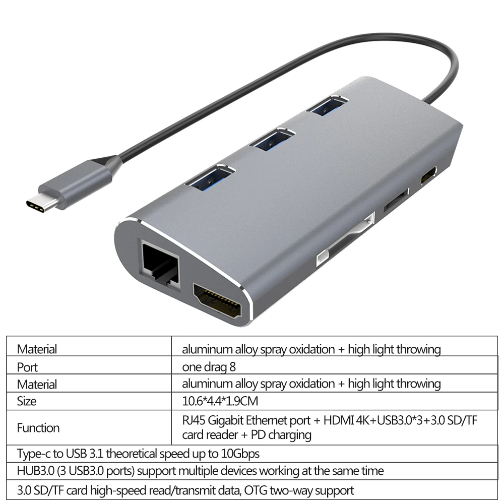 USB C концентратор type C концентратор адаптер для MacBook Pro с 3 портами USB 3,0 4K HDMI USB-C порт зарядки гигабит Ethernet SD/TF кард-ридер
