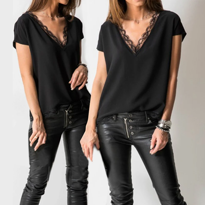 Черная блузка рубашка сексуальные кружевные топы с v образным вырезом для женщин