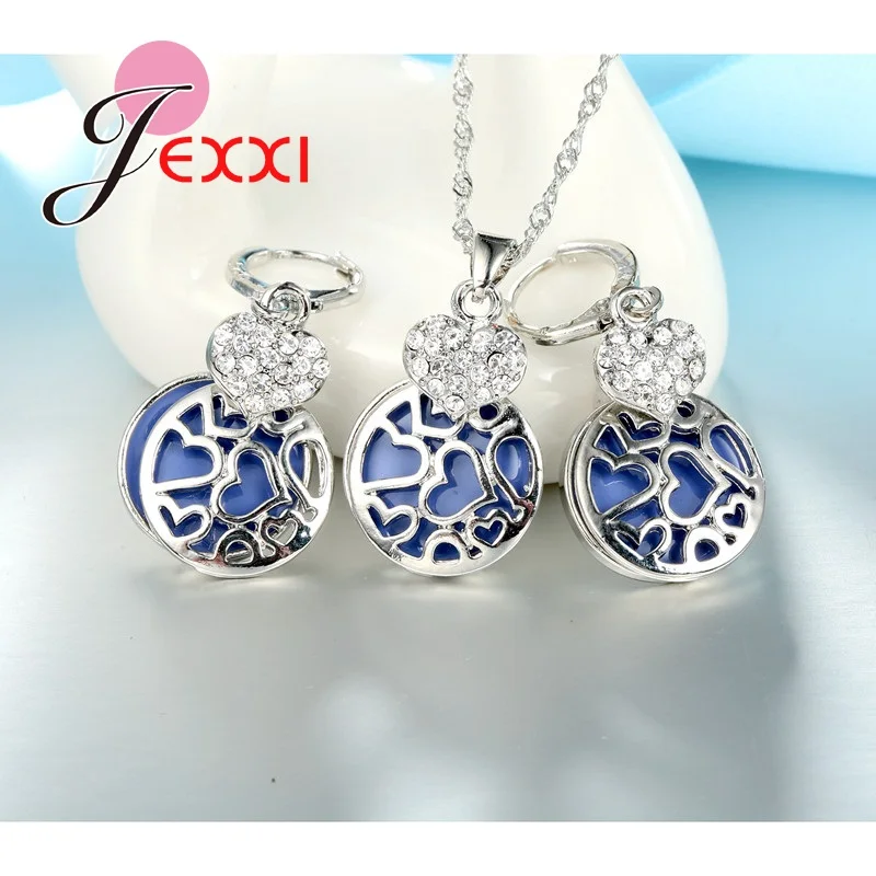 Jewelry Sets Silver Color Heart Shaped Blue Round Earrings And Pendant Necklace Set for Women | Украшения и аксессуары