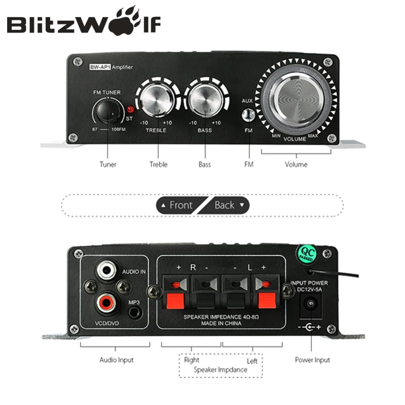 Blitzwolf Портативный мини стерео Hi Fi аудио Авто Усилитель музыка 20 Вт 12 В Мощность