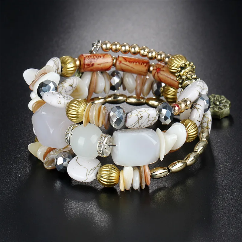Boho Многослойные браслеты-манжеты из бисера для женщин Pulseras этнический белый натуральный камень регулируемый браслет на запястье ювелирные изделия Новинка