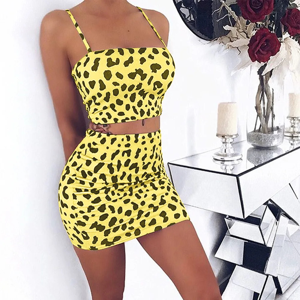 ANJAMANOR Leopard Snake Skin Print Sexy Two Piece Skirt Set Women Clothes 2019 Summer Short Matching Sets Club Outfits D32-AZ53 | Женская