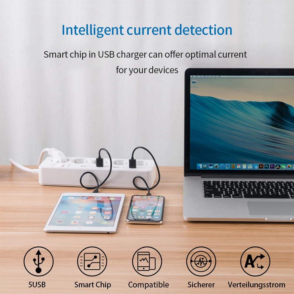 Nton Мощность MPS USB Расширители ЕС Plug Мощность Outlet 5 AC Стабилизатор напряжения Защита от перегрузки с 4 USB интеллектуальная подзарядка Порты