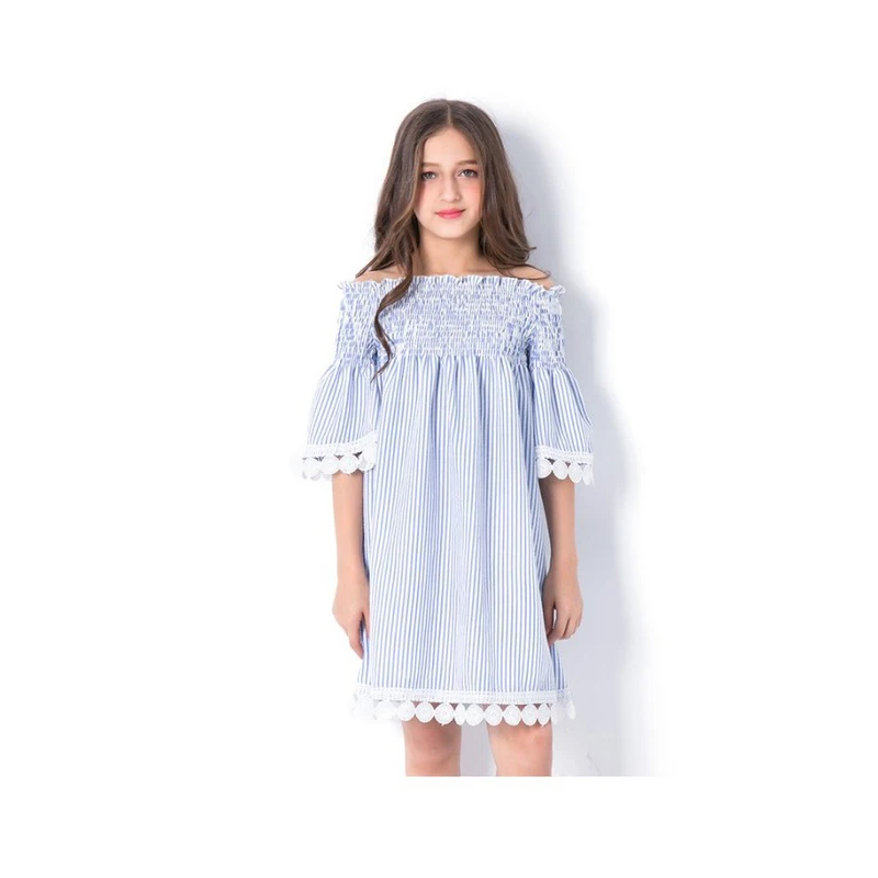 2019 Summer Girls Princess Dress White Off-shouder Lace Kids for Striped Party Birthday Teens School Outfits | Детская одежда и
