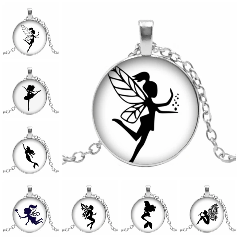 

Hot! New Glass Cabochon Wing Girl Necklace Ballet Dancer Silhouette Glass Dome Pendant Handmade Jewerly