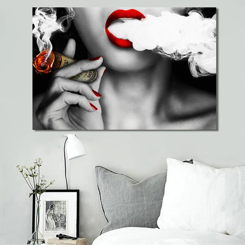 Modern Abstract Portrait Posters and Prints Wall Art Canvas Painting Women Smoke Money Oil on the Creative Decor | Дом и сад
