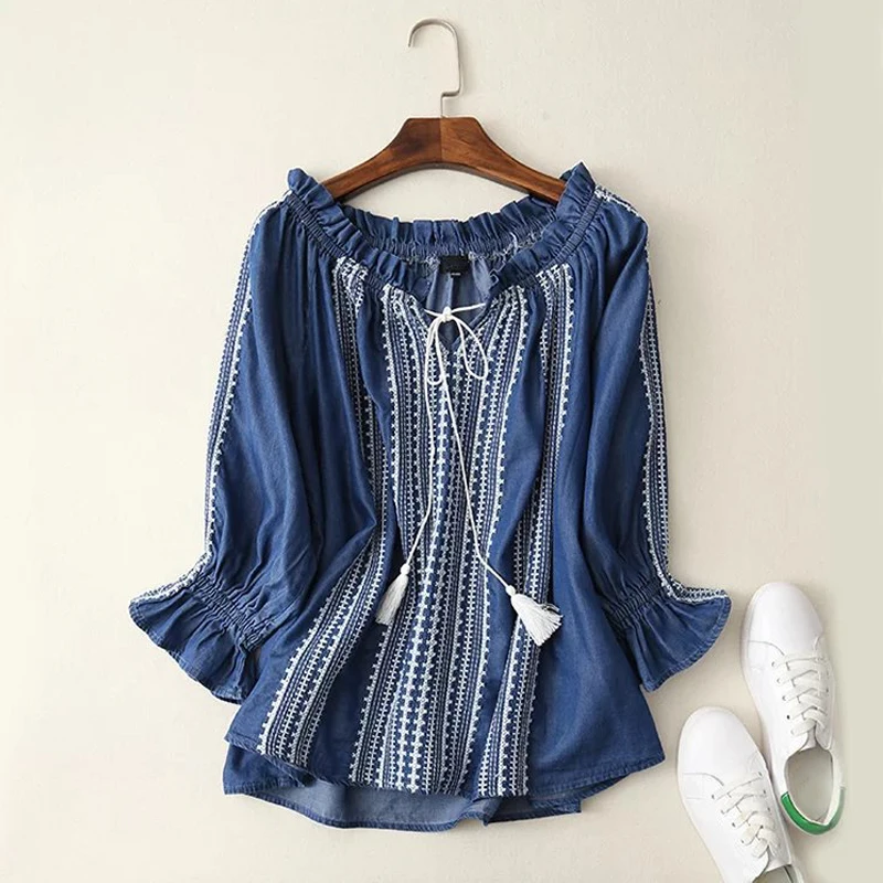 Осень Лето blusas femininas джинсовые рубашки для дам Тяжелая Вышивка Повседневная Блузка женские свободные джинсовые рубашки синий