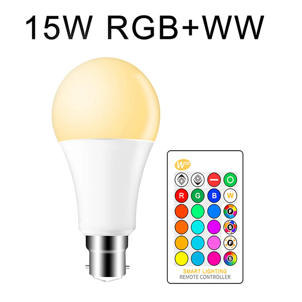 B22 15W RGB WW RGB светодиодный светильник E27 B22 с регулируемой яркостью, 16 цветов, меняющий магический светильник, 5 Вт, 10 Вт, 15 Вт, переменный ток, 110 В, 220 В, RGB+ белый ИК-пульт дистанционного управления, умная лампа - Испускаемый цвет: B22 15W RGB WW