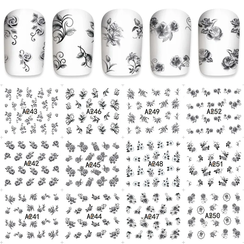 2018 12 листов модные переводятся с помощью воды Nail Art наклейки черный узор Дизайн