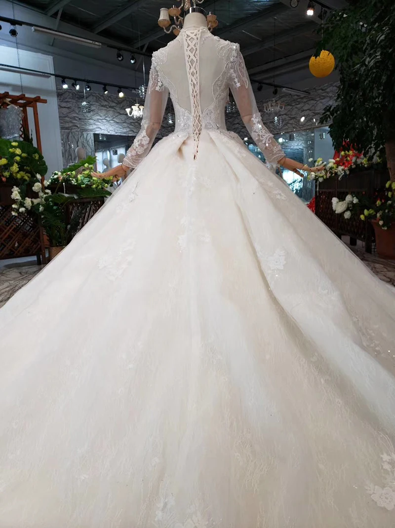 

HTL179 Eastern style ivory wedding dresses long tulle appliques sleeves deep v-neck luxury handmade ball gown wedding gowns 2020