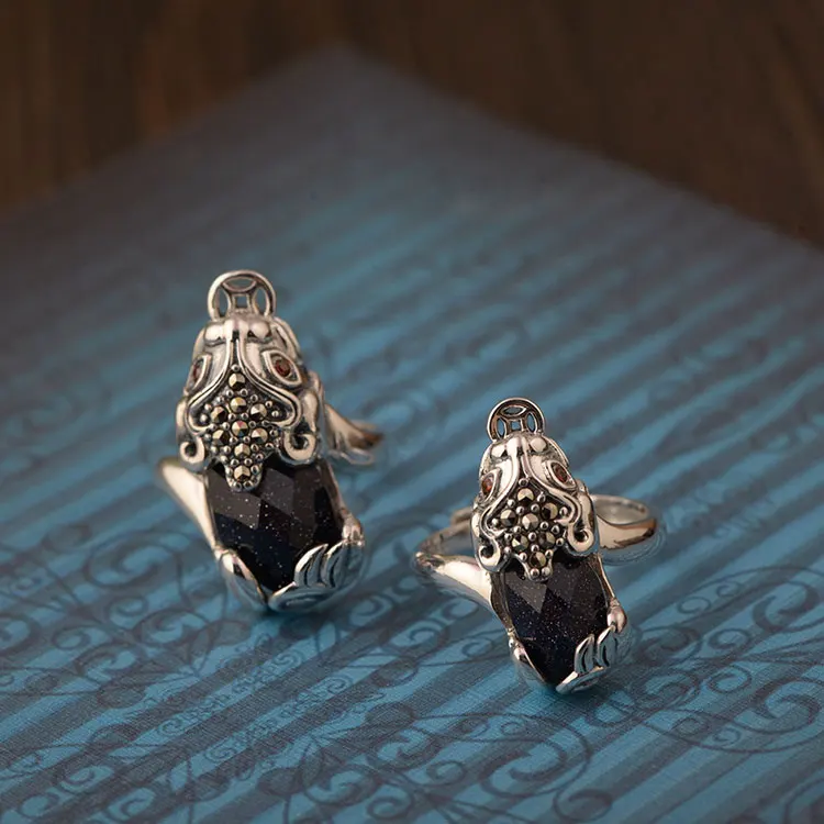 FNJ 925 Серебряное кольцо Pixiu с черным камнем,, S925 Стерлинговое тайское серебро, кольца для женщин и мужчин, ювелирные изделия, регулируемый размер
