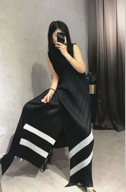 Черный Miyake складывающийся полосатый топ из двух частей женский модный складывающийся брючный костюм - Цвет: Черный