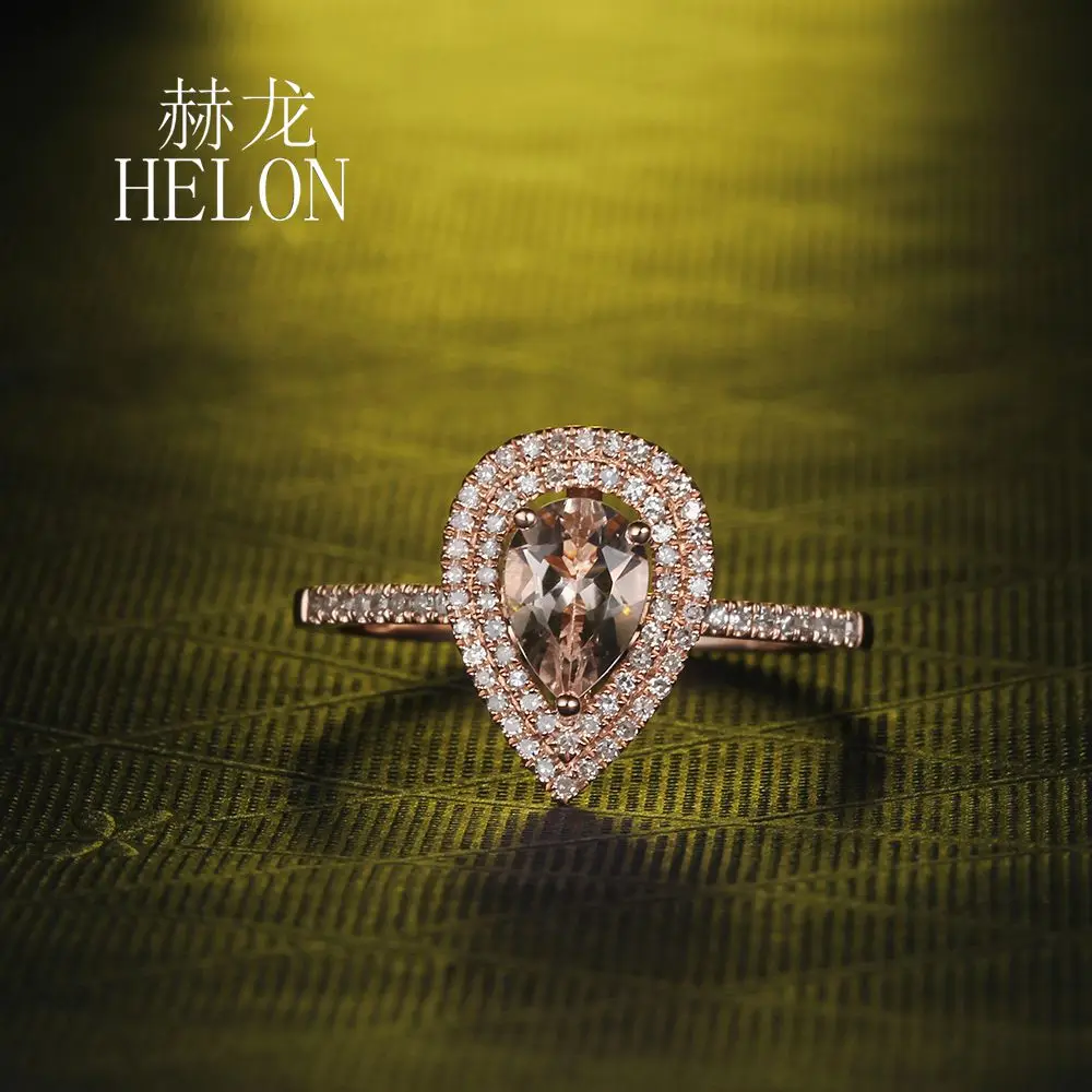 HELON Solid 14 k розовое золото два халоса натуральные Алмазы обручальные Обручальные кольца 5x7 мм Груша морганитное кольцо ювелирные изделия для женщин