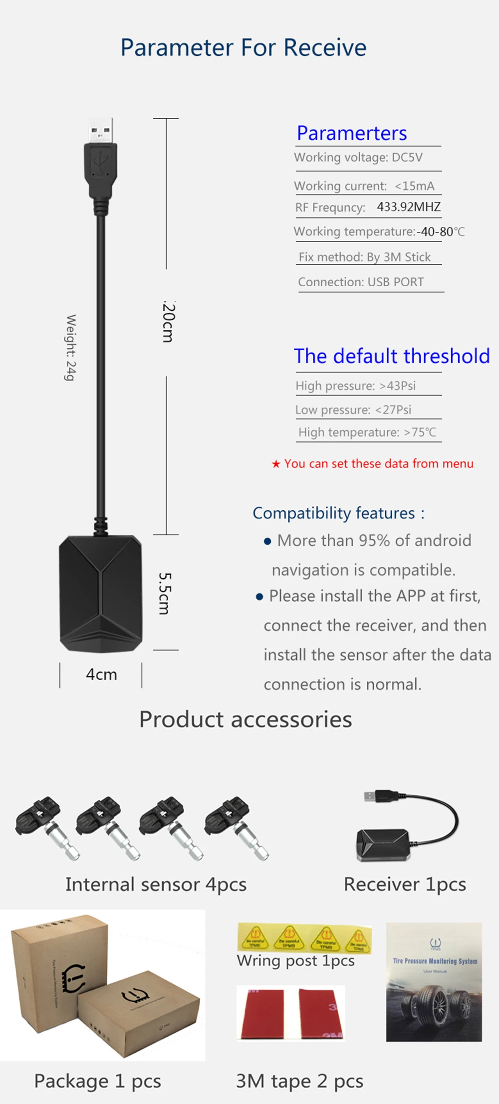 EKIY система контроля давления в шинах TPMS для Android автомобильный DVD Navi USB датчики шин Система мониторинга сигнализации комплект с 4 датчиками