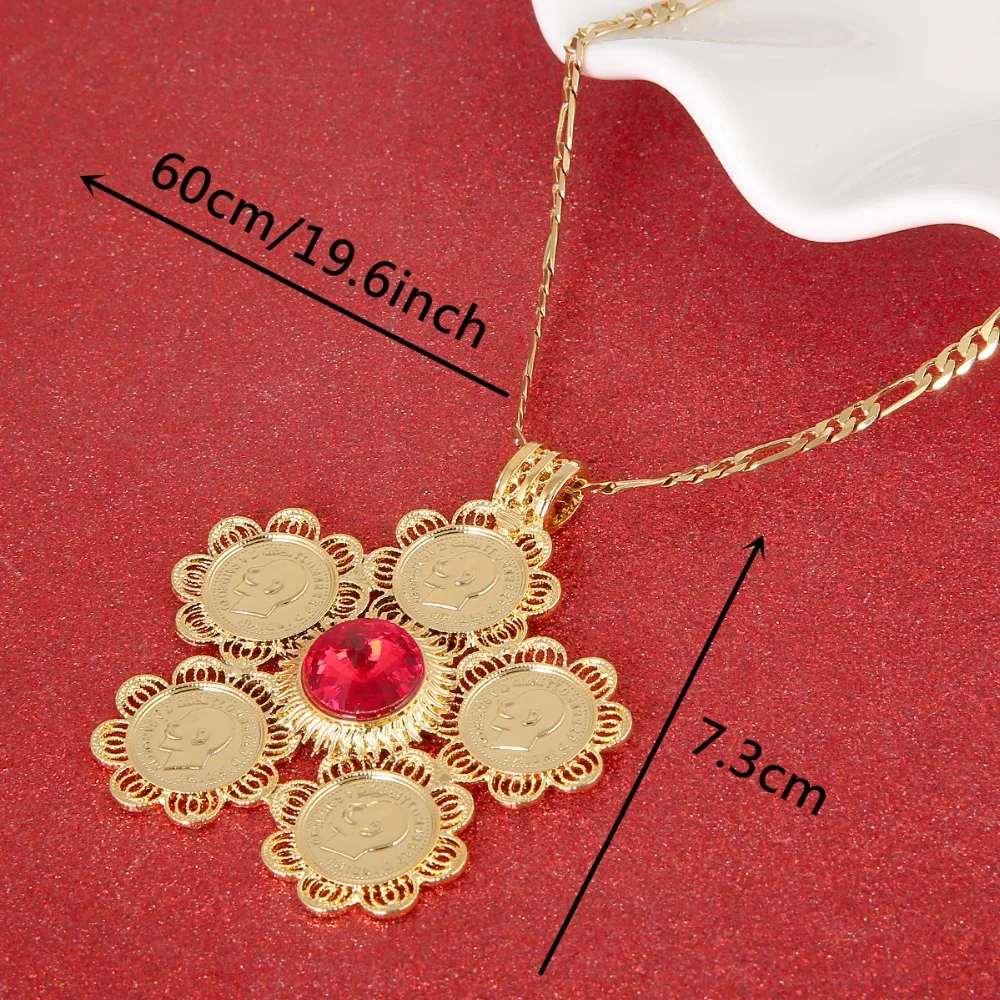 Ethiopian Red Blue Green Stone Cross Pendant Necklace Women Men Jewelry Africa Coin Eritrea Habesha | Украшения и аксессуары