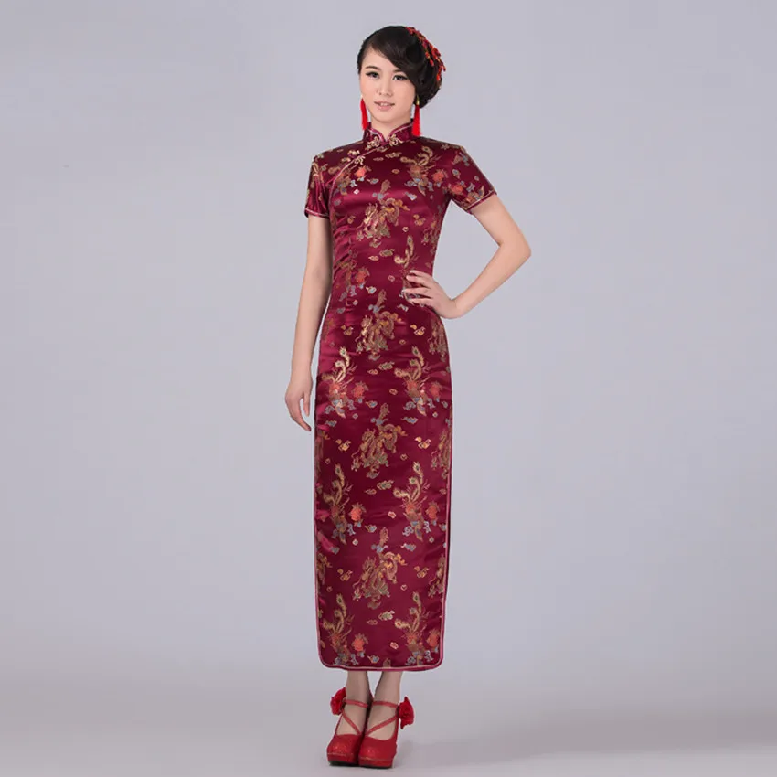 Красное китайское традиционное платье для женщин атласное Qipao дракон Феникс