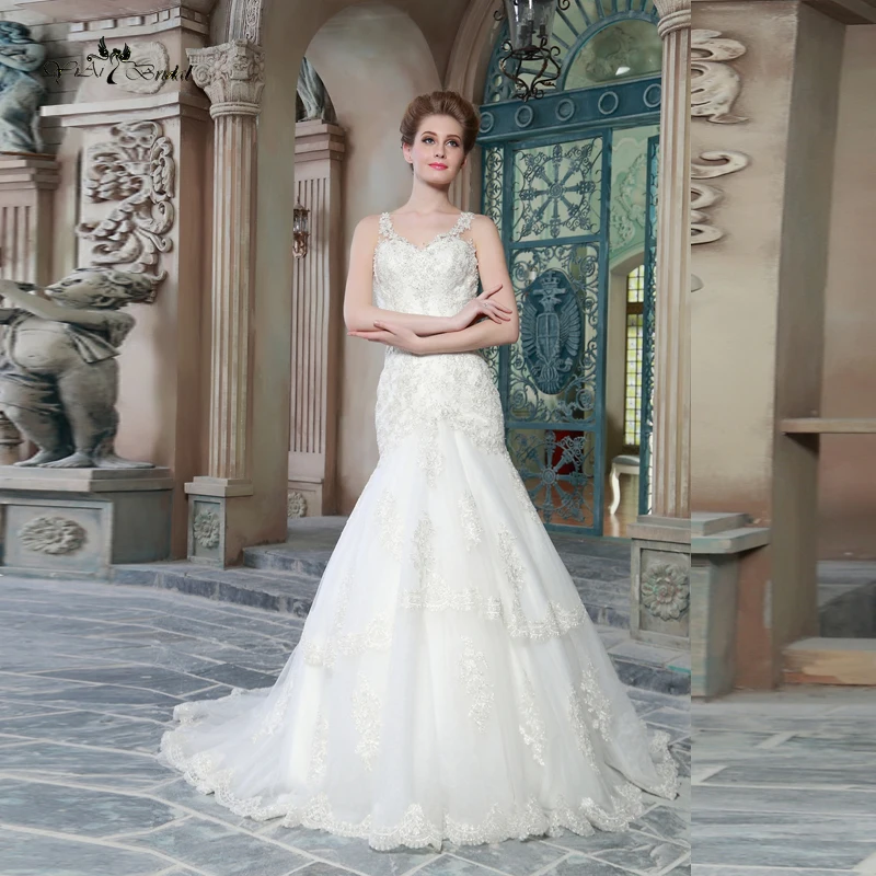 Длинные Русалка Свадебные Платья 2016 Аппликации Sheer Свадебное Платье Casamento