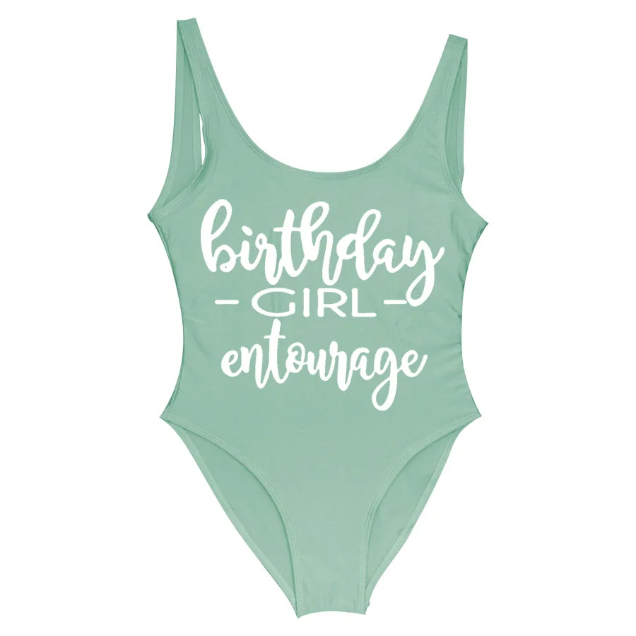 BRITHDAY GIRL ENTOURAGE, женские купальники, Цельный купальник, для дня рождения, вечеринки, бассейна, пляжная одежда, купальный костюм, купальники с открытой спиной - Цвет: Entourage Light Gree