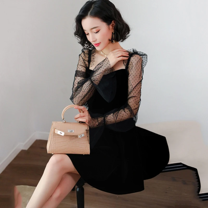 Женское вечернее платье с кружевными рукавами Элегантное повседневное мини в