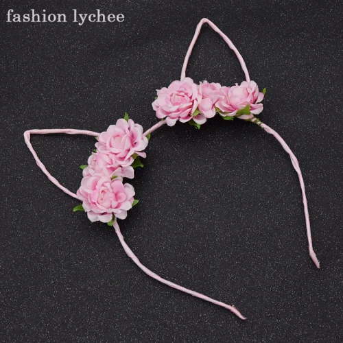 Light pink Мода Личи милые кошачьи ушки повязка на голову красивый цветок милые девушки женщины Регулируемая лента для волос аксессуары для волос - Окраска металла: Light pink