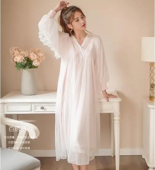 Fdfklak New High Grade White Nightgown Princess Long Sleeve Nightdress Ladies Sleepwear Dress Spring Summer Women Nightwear | Женская