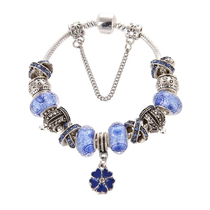 European Style Silver plated Flower Pendant Blue Crystal Fashion DIY Elegant Charms Pand Bracelets &amp Bangles For Women Gift | Украшения