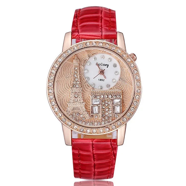 2014 Fashion watch quartz analog alloy Effiel Tower design big case crystal diamonds women leather strap wristwatches | Наручные часы