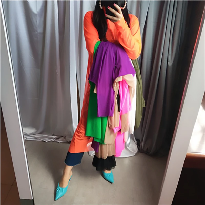 [EAM] New Autumn Winter High Collar Long Sleeve Black Mesh Perspective Colorful Long Big Size Dress Women Fashion JU790
