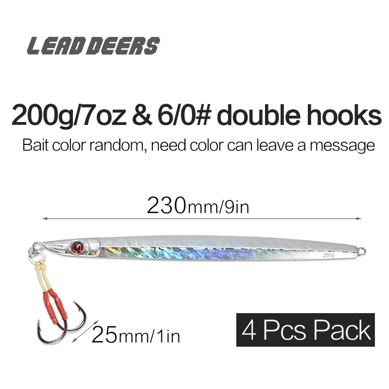 200g 2 hooks x 4Pcs Leaddeers, высокое качество, приманка, свинцовая рыба, металлические приспособления 120, 160, 200 г, 4 цвета, приманка для морской рыбалки, Deepsea, железная пластина, приманка - Цвет: 200g 2 hooks x 4Pcs